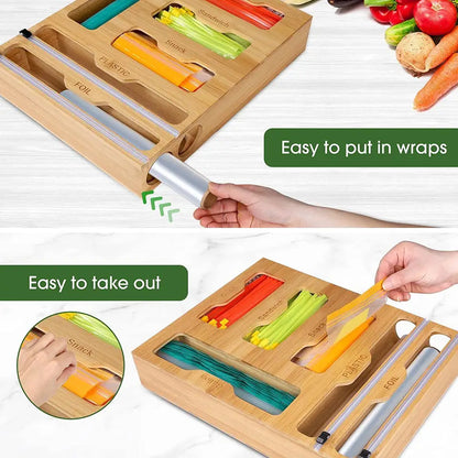 Bamboo Ziplock Bag Organizer And Foil And Plastic Wrap Organizer, Aluminum Foil Organization And Storage, Plastic Wrap Dispenser With Cutter For Kitchen Drawer For Gallon, Quart, Sandwich, Snack, Kitchen Supplies
